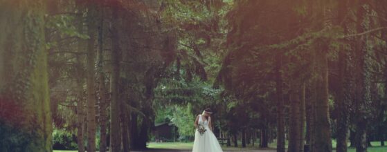 Braut Tanja steht allein im Park von Schloss Margarethen am Moos, körülötte magas fák és napfényes erdei ösvény