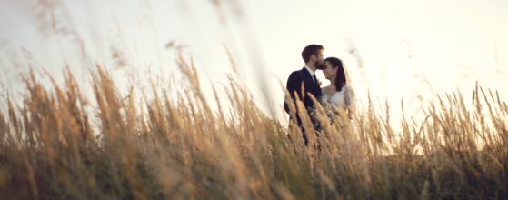 Lili and Emil standing close together in the long grass at Hilltop Borbirtok in Neszmély at sunset – a dreamy moment from their wedding film.