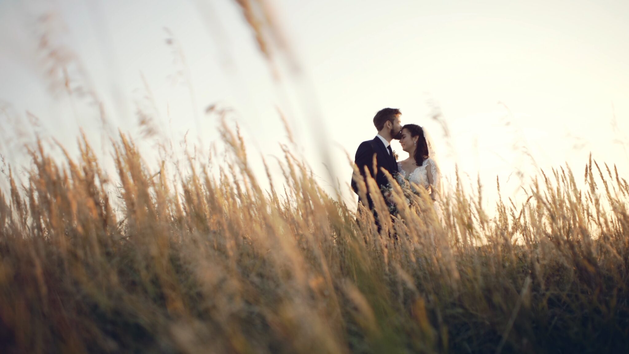 Lili and Emil standing close together in the long grass at Hilltop Borbirtok in Neszmély at sunset – a dreamy moment from their wedding film.