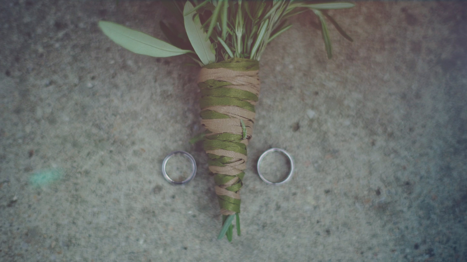 Klaudia és Gergely karikagyűrűi egy olajágra tekert barna és zöld szalag mellett a földre helyezve az 5 Ház Borbirtok esküvőjén.
