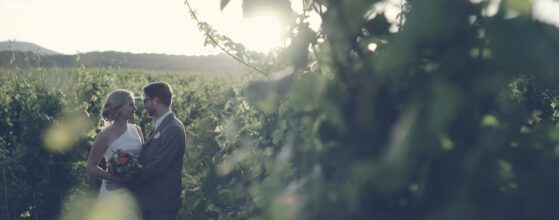Katharina und Christian umarmen sich zärtlich zwischen Weinreben beim Freigut Thallern, grüne Natur mit Hügellandschaft im Hintergrund